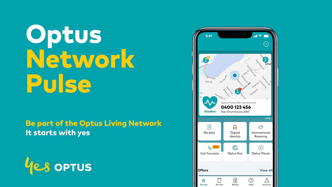 Image showing My Optus App with Optus Network Pulse featured. Copy on image says: Optus Network Pulse. Be part of the Optus Living Network. It starts with yes. Optus logo