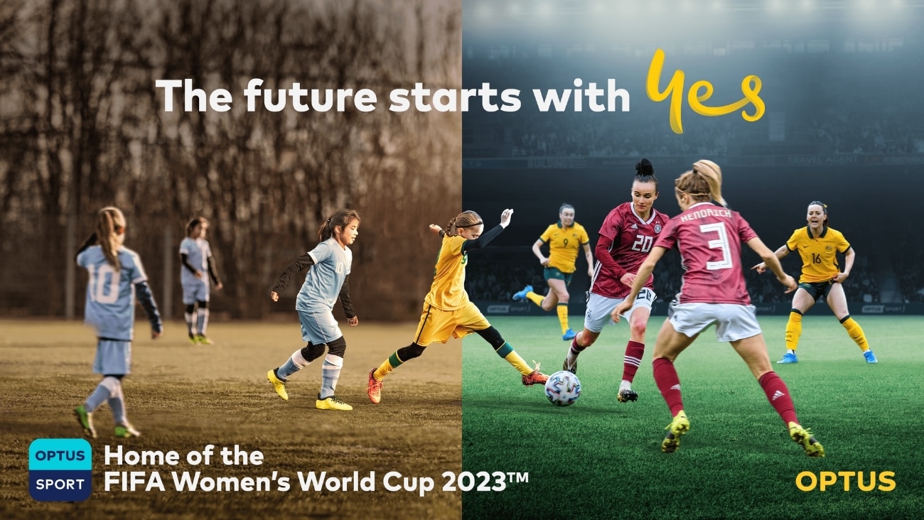 Text: The future starts with Yes. Home of the FIA Women's World Cup 2023. Image of young girls playing soccer on the left combined with Women's World Cup players on the right.