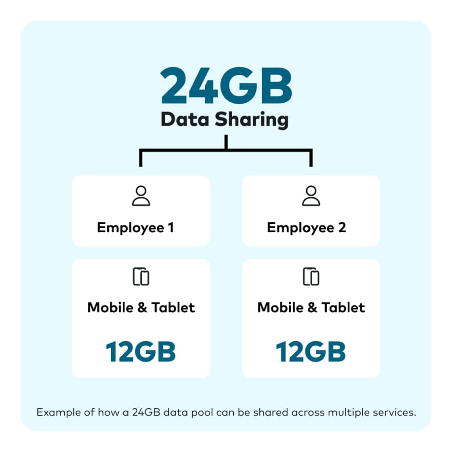 Diagram showing a 24GB shared data pool split between two employees. Each employee has a total of 12GB to use across their mobile and tablet services.