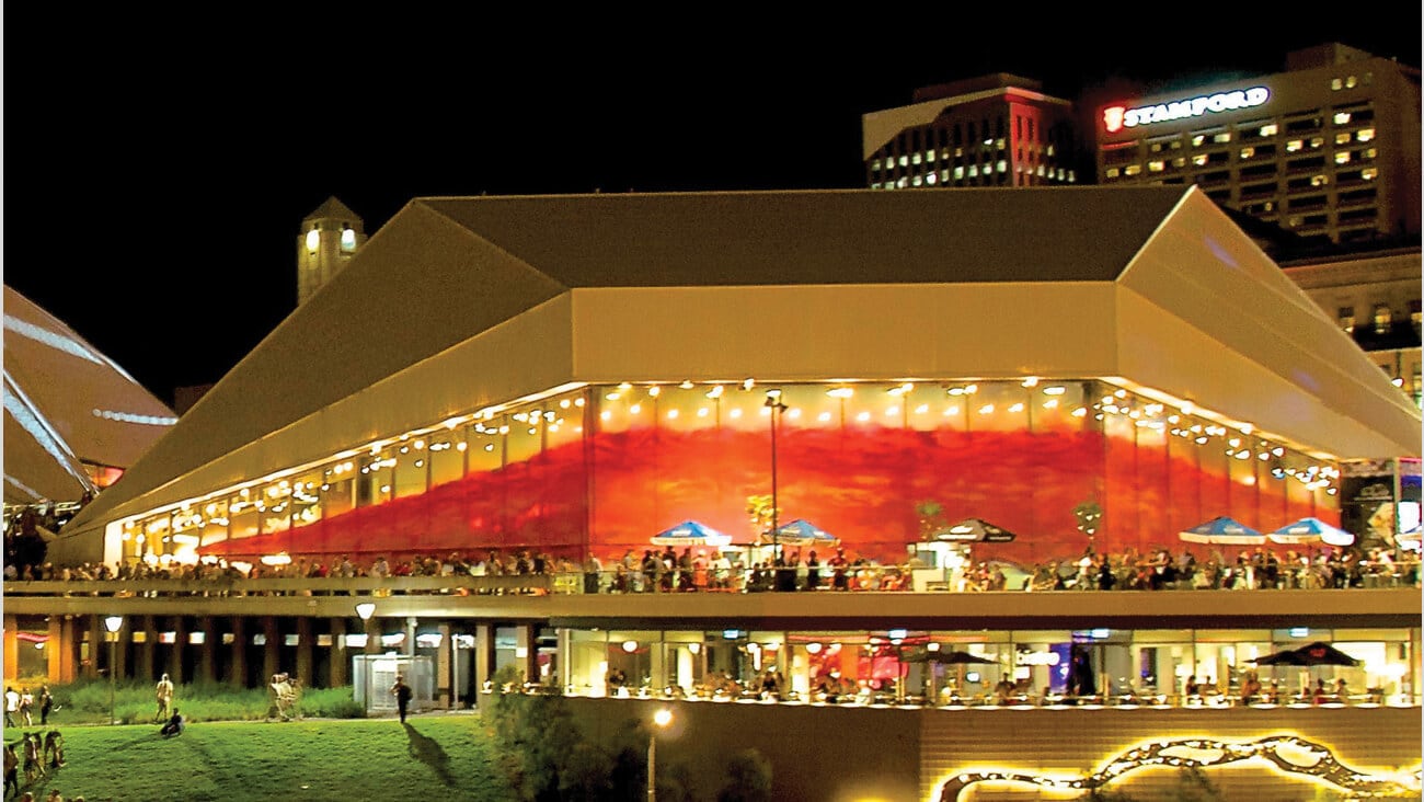 a convention centre at night