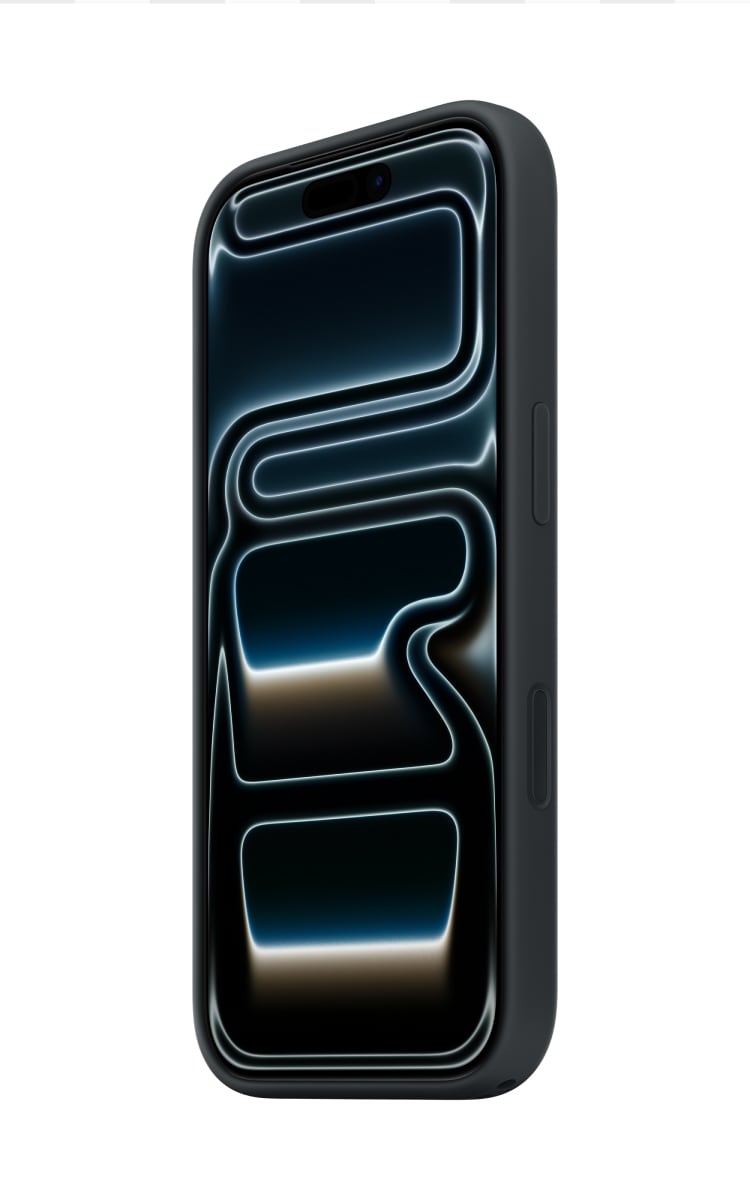Angled view of the Apple iPhone 17 Pro Silicone Case with MagSafe in Black colour.