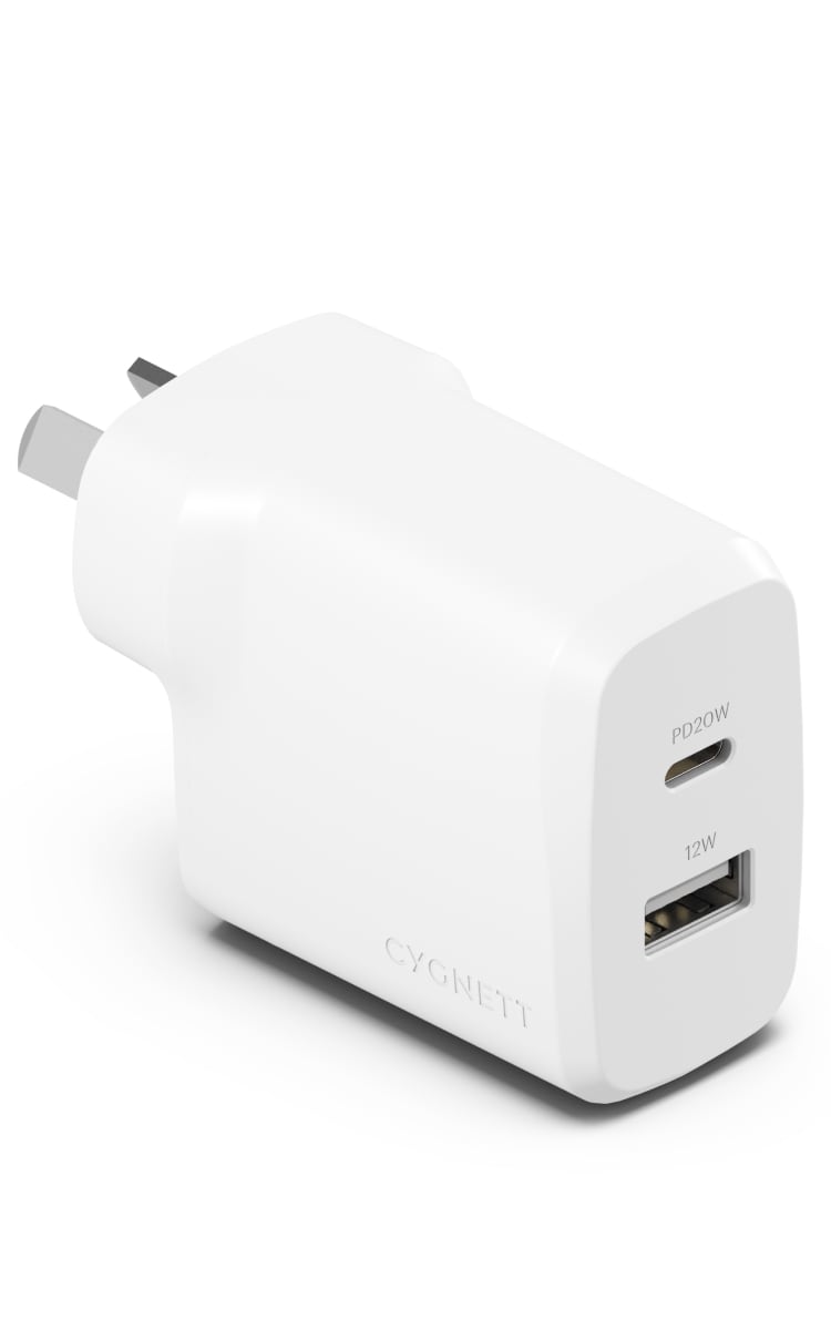 Cygnett 32W Dual Port Wall Charger  - White Back Angle