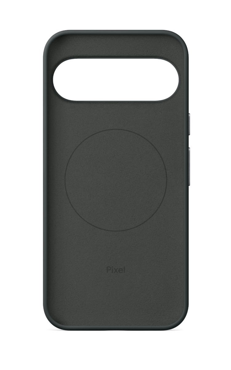 Inside view of the Google Pixelsnap Case for Pixel 10 Pro XL in Obsidian colour with camera cut out, circular MagSafe style indent, and Pixel branding near the bottom.