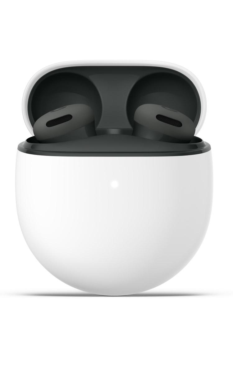 Front view of the Google Pixel Buds 2a in hazel colour, placed inside an open white charging case.