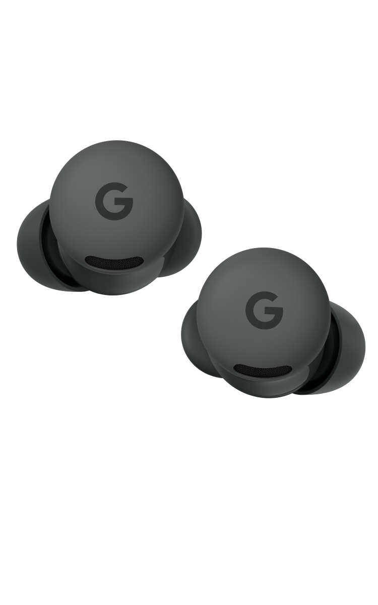 Close-up of the Google Pixel Buds 2a in Hazel colour with rounded design and visible 'G' logo."