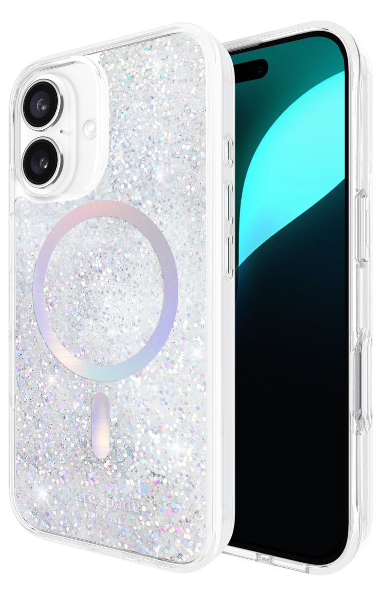 Kate Spade iPhone 16 Pro Max Liquid Glitter Magsafe Case - Opal Iridescent Front Back Angle