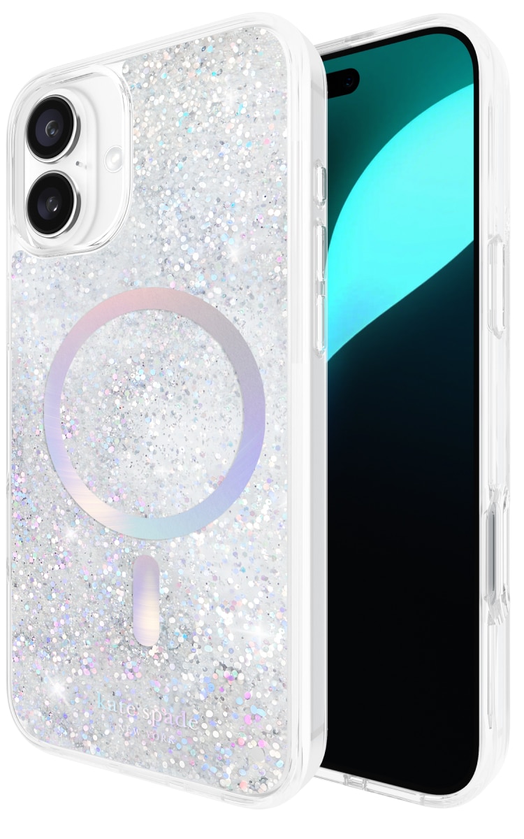 Kate Spade iPhone 16 Plus Liquid Glitter Magsafe Case - Opal Iridescent Front Back Angle