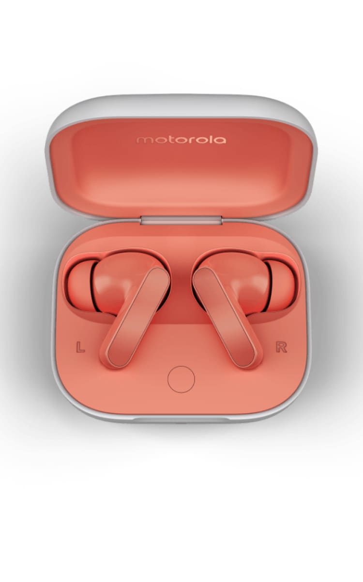 Motorola Moto Buds Earbuds - Coral Peach Earbud Case Open Top