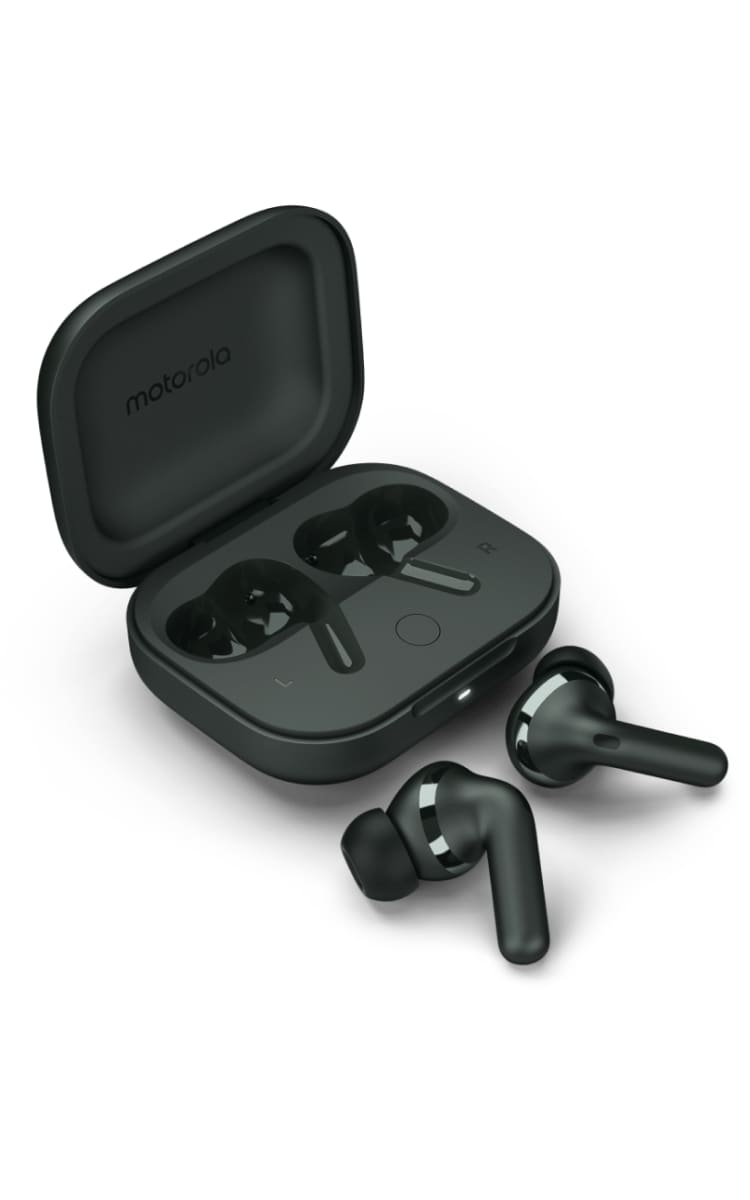 Motorola Moto Buds Plus - Forest Grey Earbud Case Open
