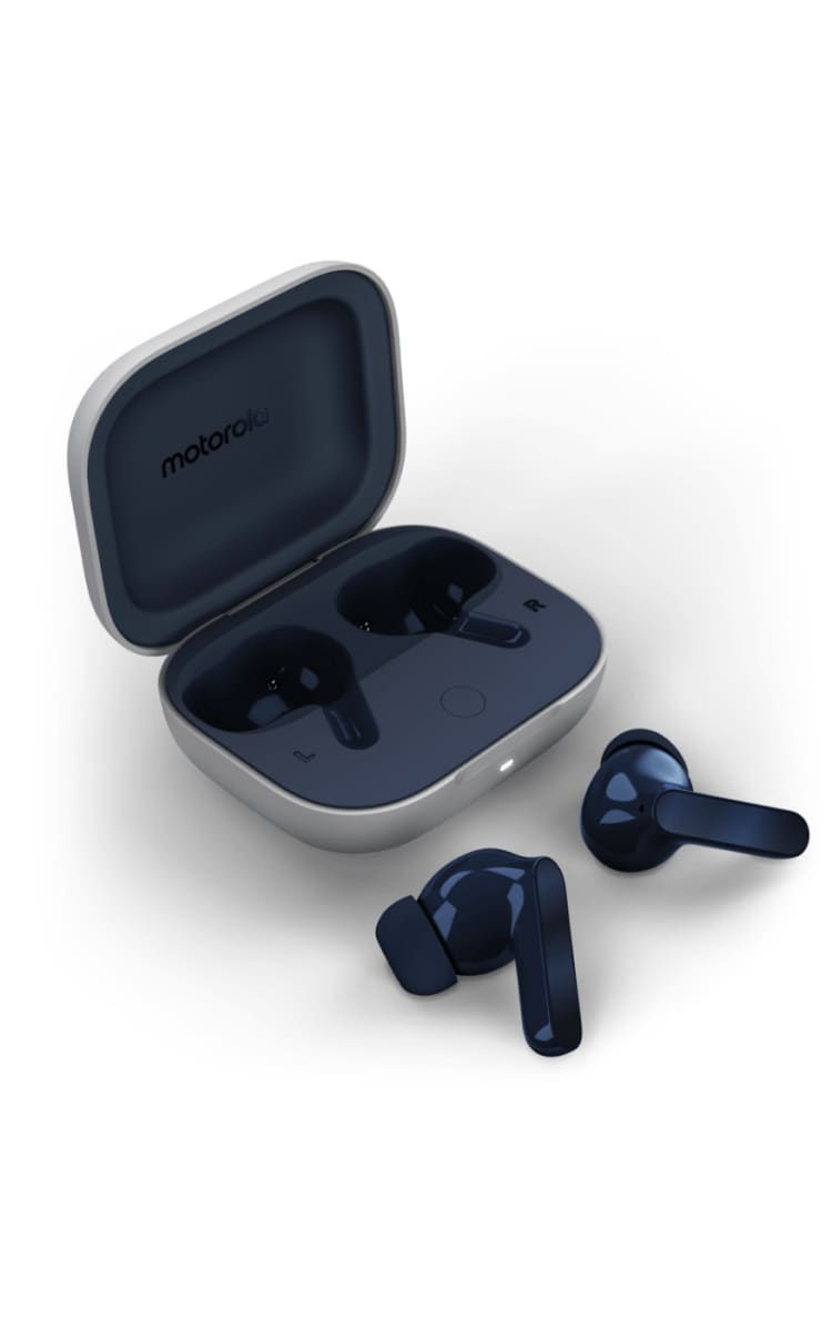 Motorola Moto Buds - Starlight Blue Earbud Case Open