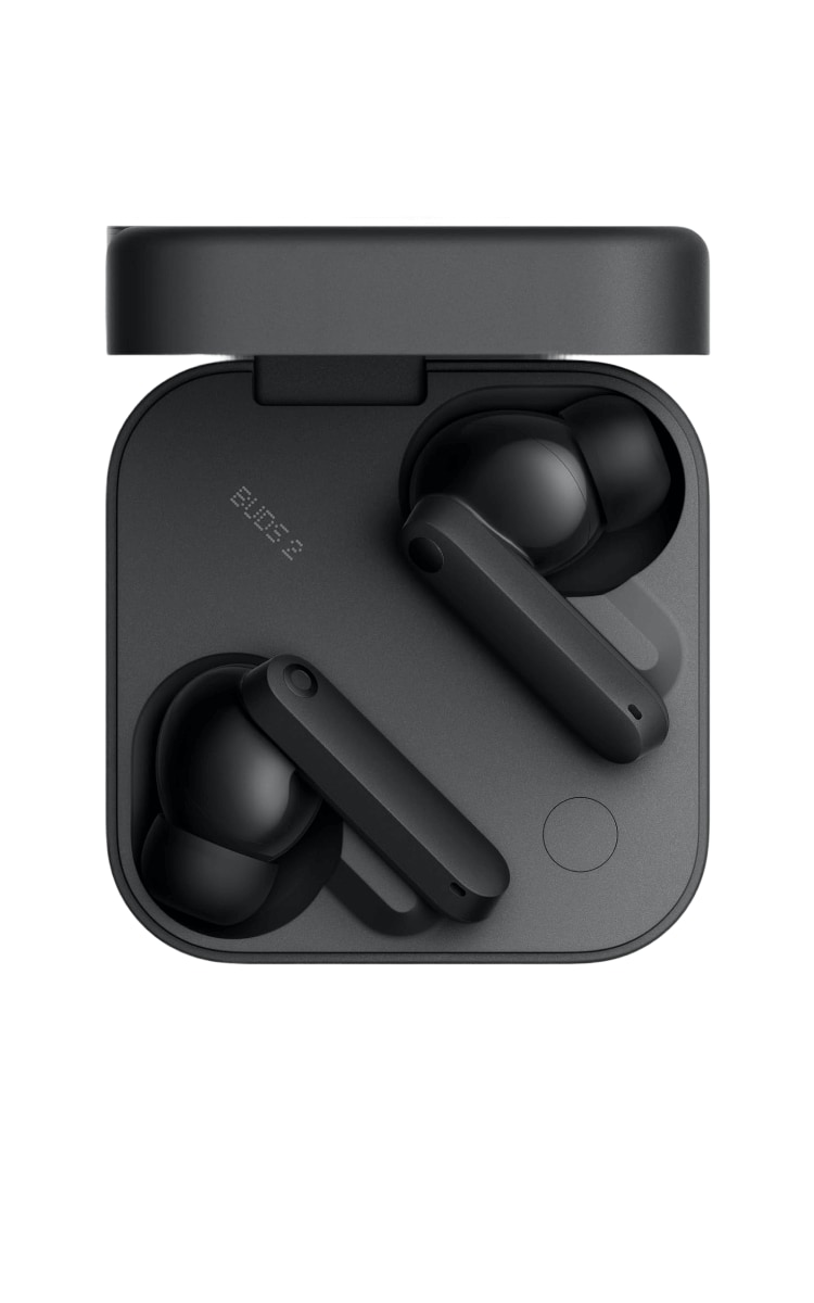 A pair of Nothing CMF Buds 2 wireless earbuds inside a sleek black charging case. The earbuds have matching black ear tips and stems with a modern design. The case is also black, with a minimalist shape and a small circular indicator on the bottom. The earbuds are neatly placed inside the case, showcasing their stylish, contemporary black color.