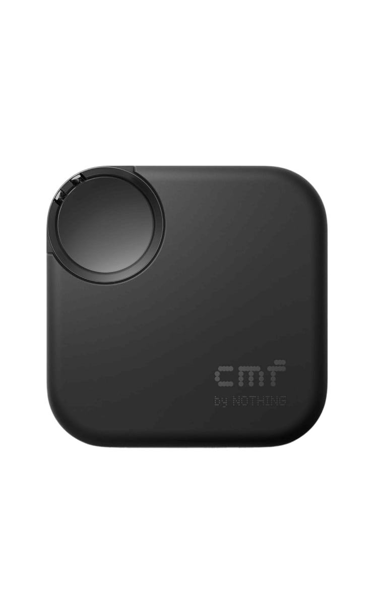 The charging case for the Nothing CMF Buds 2 in black, shown from the front angle. The case has a minimalist, square design with a glossy circular area on the top left corner. The "CMF by NOTHING" logo is subtly printed in small dots on the bottom right. The case is sleek, matte black, and compact in appearance.