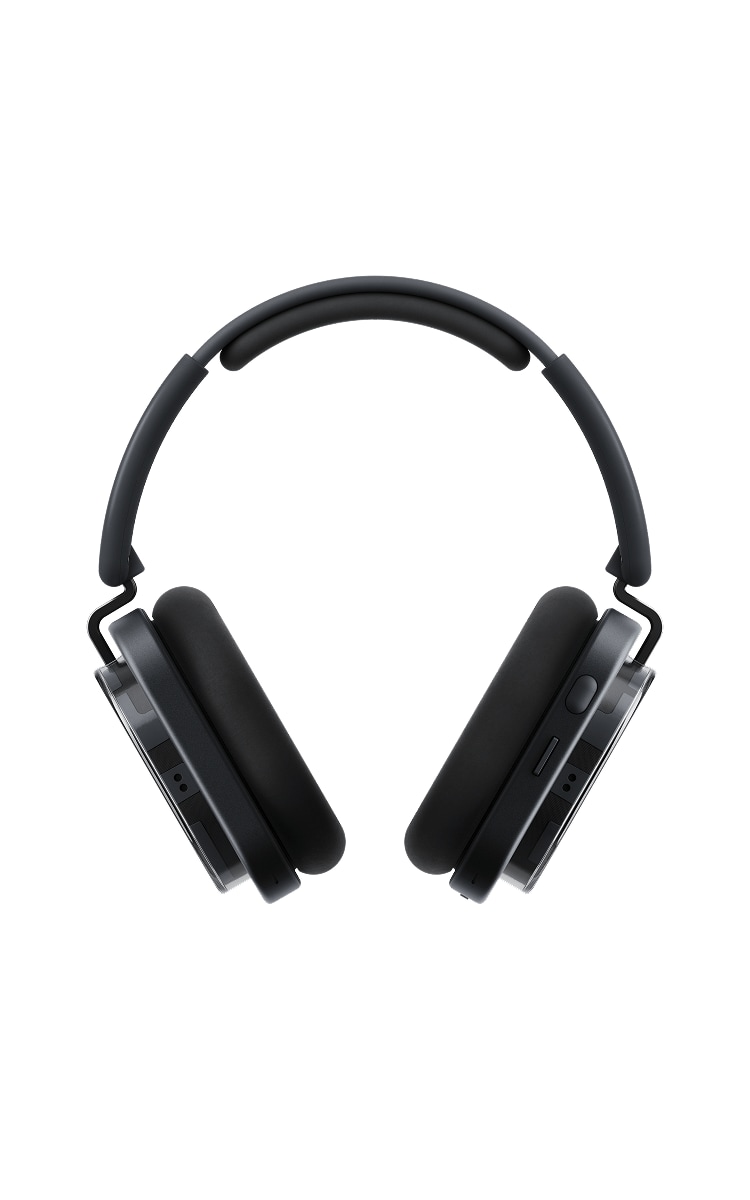 A front-facing image of a pair of black over-ear Nothing headphones (1) with black ear cushions, showing the headband and control buttons on the sides.