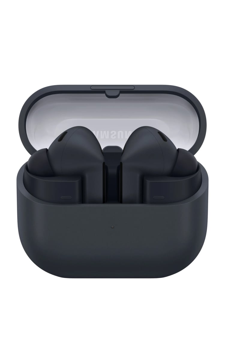 Samsung Galaxy Buds3 FE in black inside an open charging case with a glossy lid.