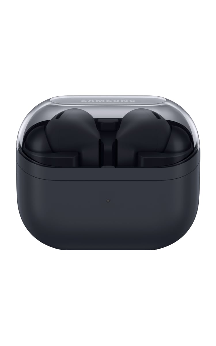 Samsung Galaxy Buds3 FE in black inside a closed charging case with a matte finish.
