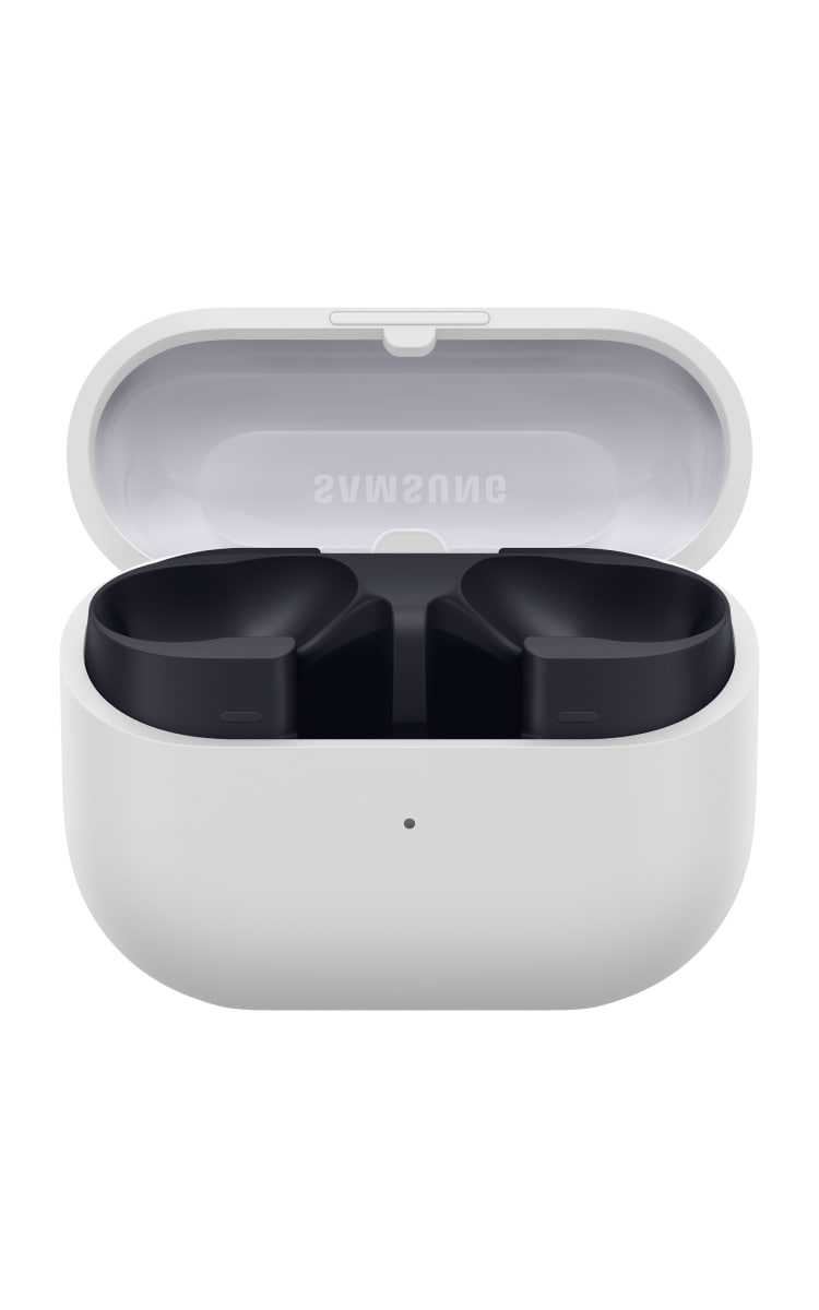 Grey Samsung Galaxy Buds3 FE charging case open with earbuds removed, showing interior slots.