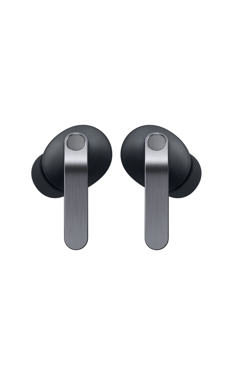 Front view of the Samsung Galaxy Buds4 Pro in black, showing soft in‑ear silicone tips and sleek metal‑finish stems with refined speaker grilles.