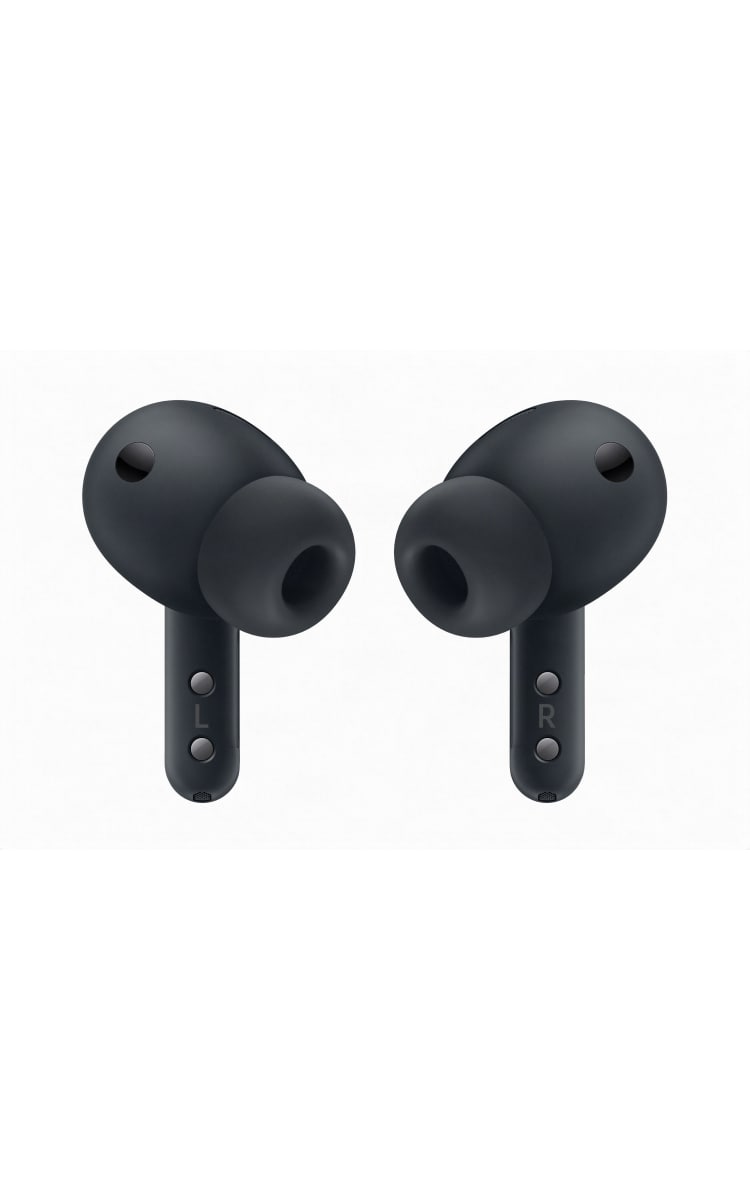 Rear view of the black Samsung Galaxy Buds4 Pro, highlighting the smooth outer housings, in‑ear silicone tips and clear L and R markings.