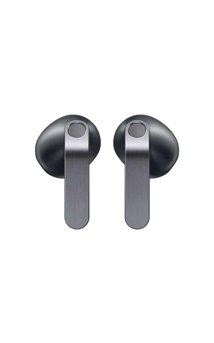 Front view of the Samsung Galaxy Buds4 in black, featuring smooth oval ear tips and compact stems with subtle speaker grilles.
