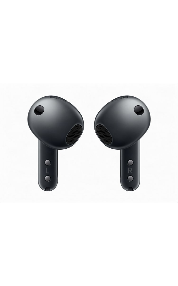 Rear view of the black Samsung Galaxy Buds4, highlighting the sleek outer housing, discreet speaker vents and clear left and right markings.