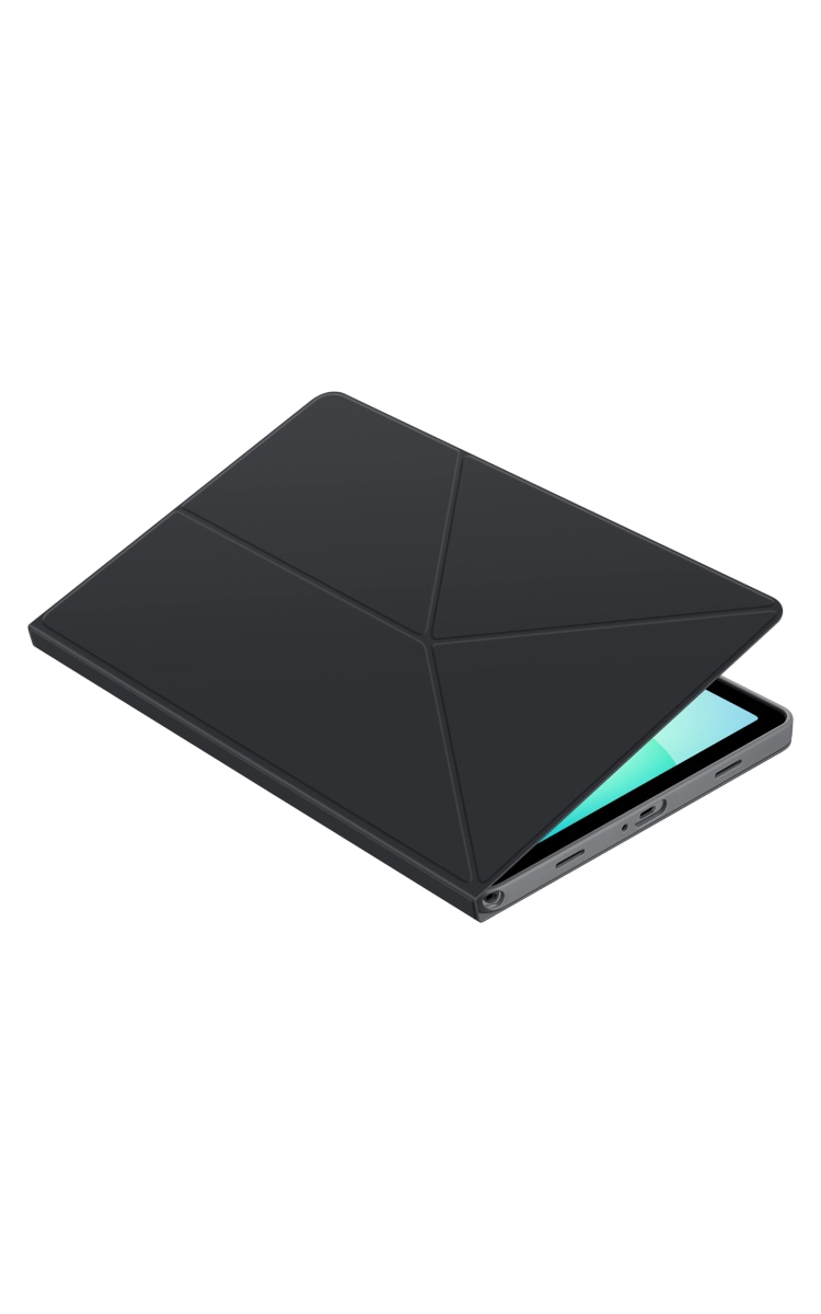 Samsung Galaxy Tab A11+ Book Cover, designed in a sleek book-style and shown slightly open with the tablet partially visible inside.