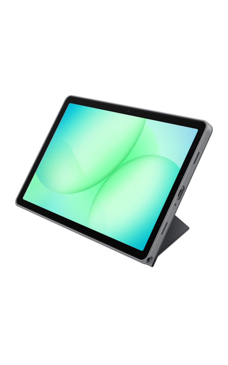 Samsung Galaxy Tab A11+ in landscape orientation inside the black book cover, screen visible with green abstract wallpaper.