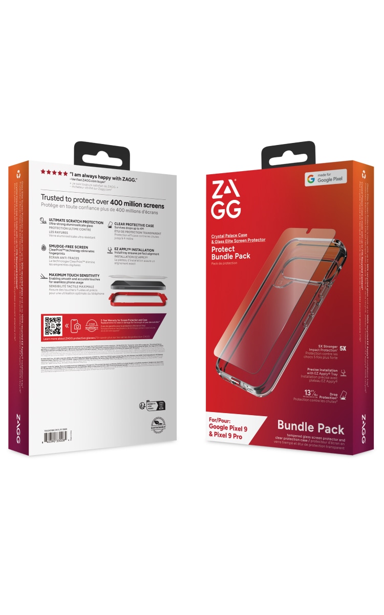 Zagg Google Pixel 9 Pro Crystal Palace & Glass Elite Bundle Front Back Angle