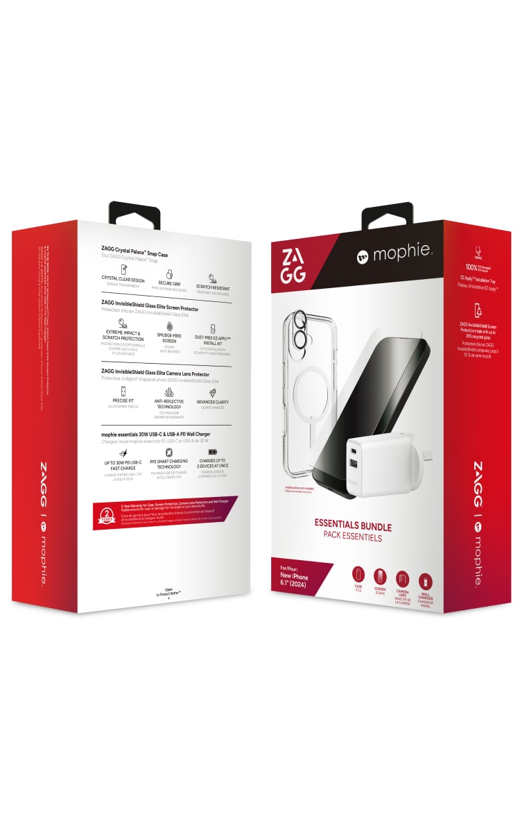Zagg iPhone 16 Essentials Bundle Front Back Angle