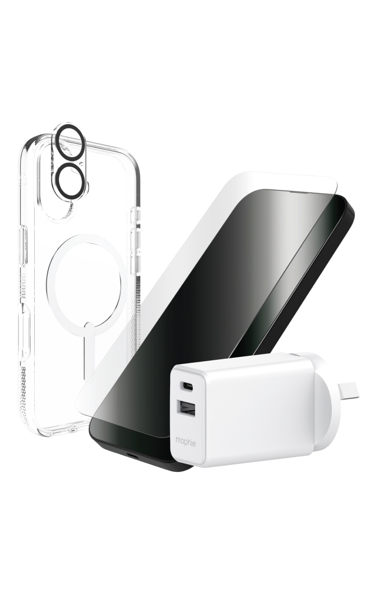 Zagg iPhone 17 Essentials Bundle box containing mobile case, screen protector, lens protector, and a charger.