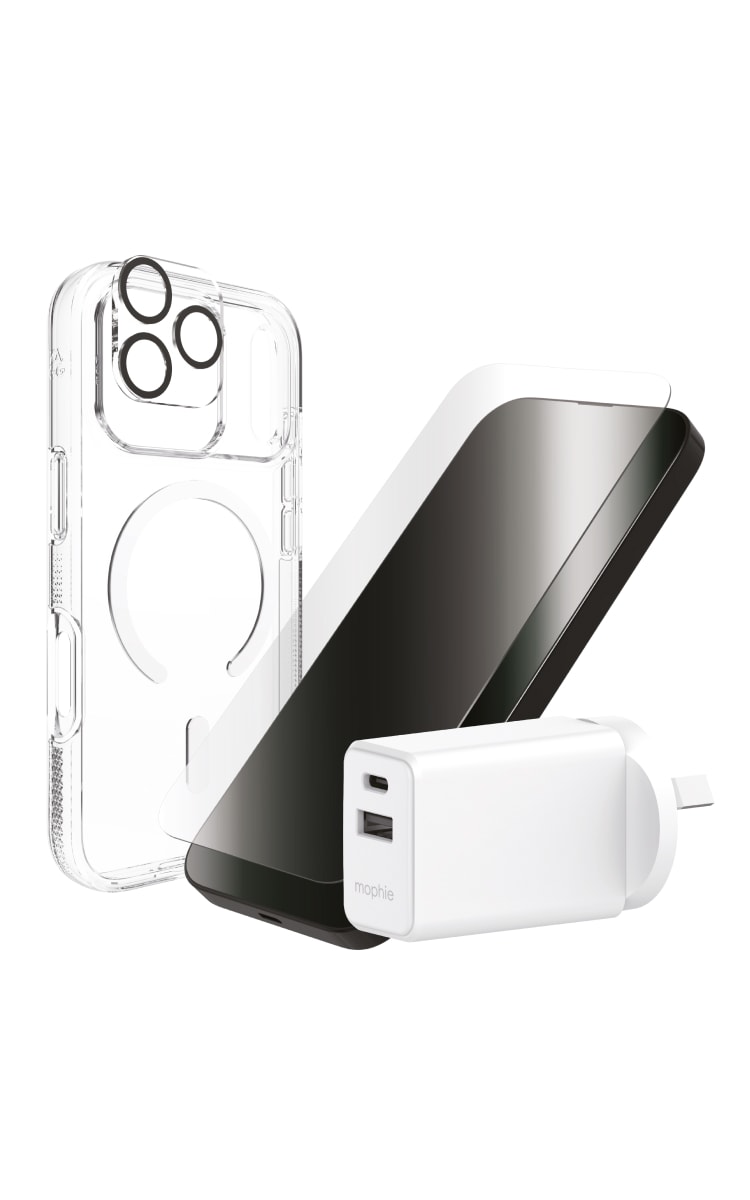 Zagg iPhone 17 Pro Essentials Bundle box containing mobile case, screen protector, lens protector, and a charger.