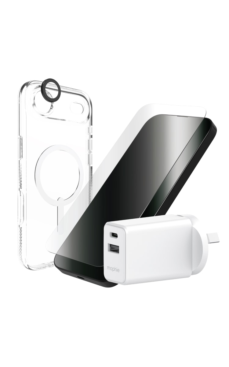 Zagg iPhone Air Essential Bundle box containing mobile case, screen protector, lens protector, and a charger.