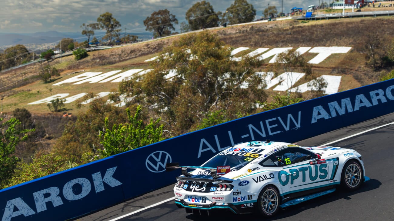 The Mobil 1 Optus car on the Mount Panorama racetrack in Bathurst