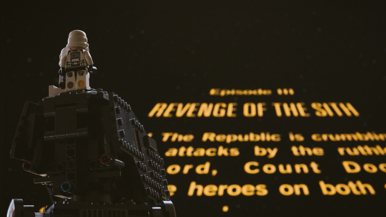 lego stormtrooper watching opening crawl for Star Wars Episode 3 Revenge of the Sith