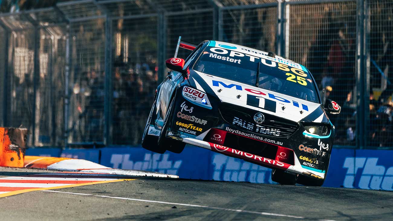 An action shot of the Mobil1 Optus Supercar in action at the Gold Coast 500
