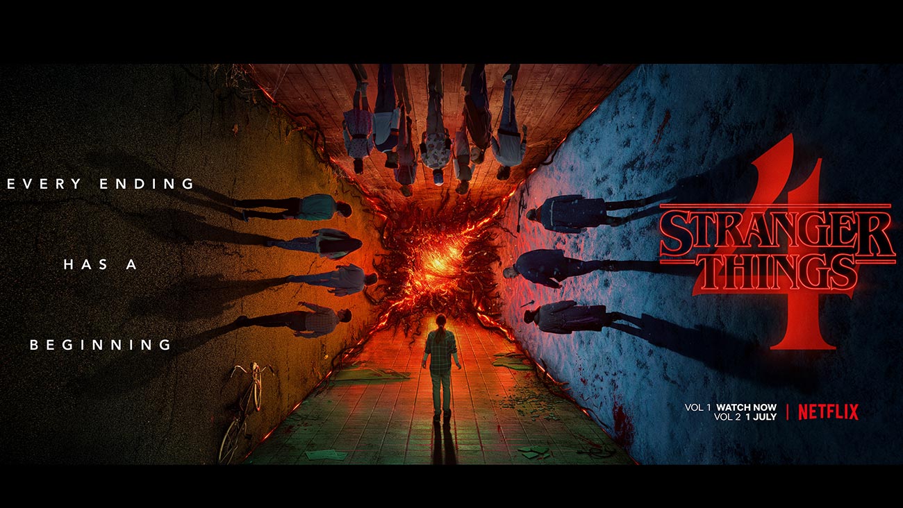 Stranger Things poster showing an ominous portal with main characters facing toward it. To the left there is text that reads “every ending has a beginning”, to the right is the title of the show, “Stranger Things 4.” 