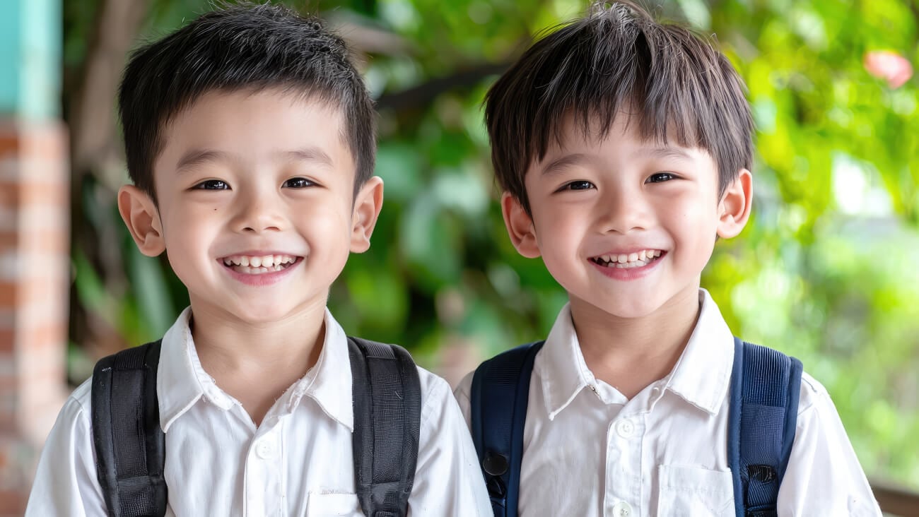 Two kindergarten aged boys smiling as they prepare to start school
