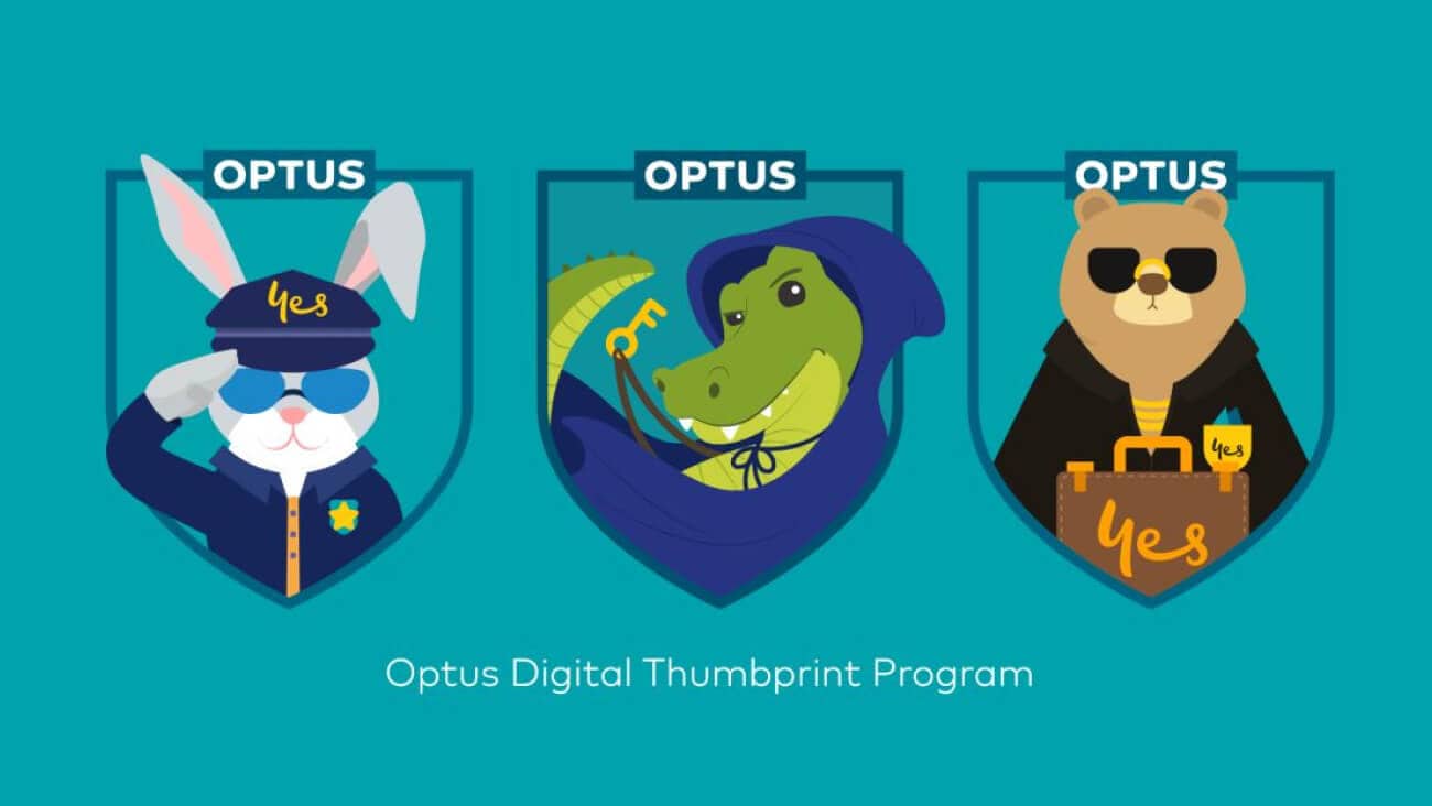Cartoon rabbit, crocodile and bear mascots for Optus Digital Thumbprint