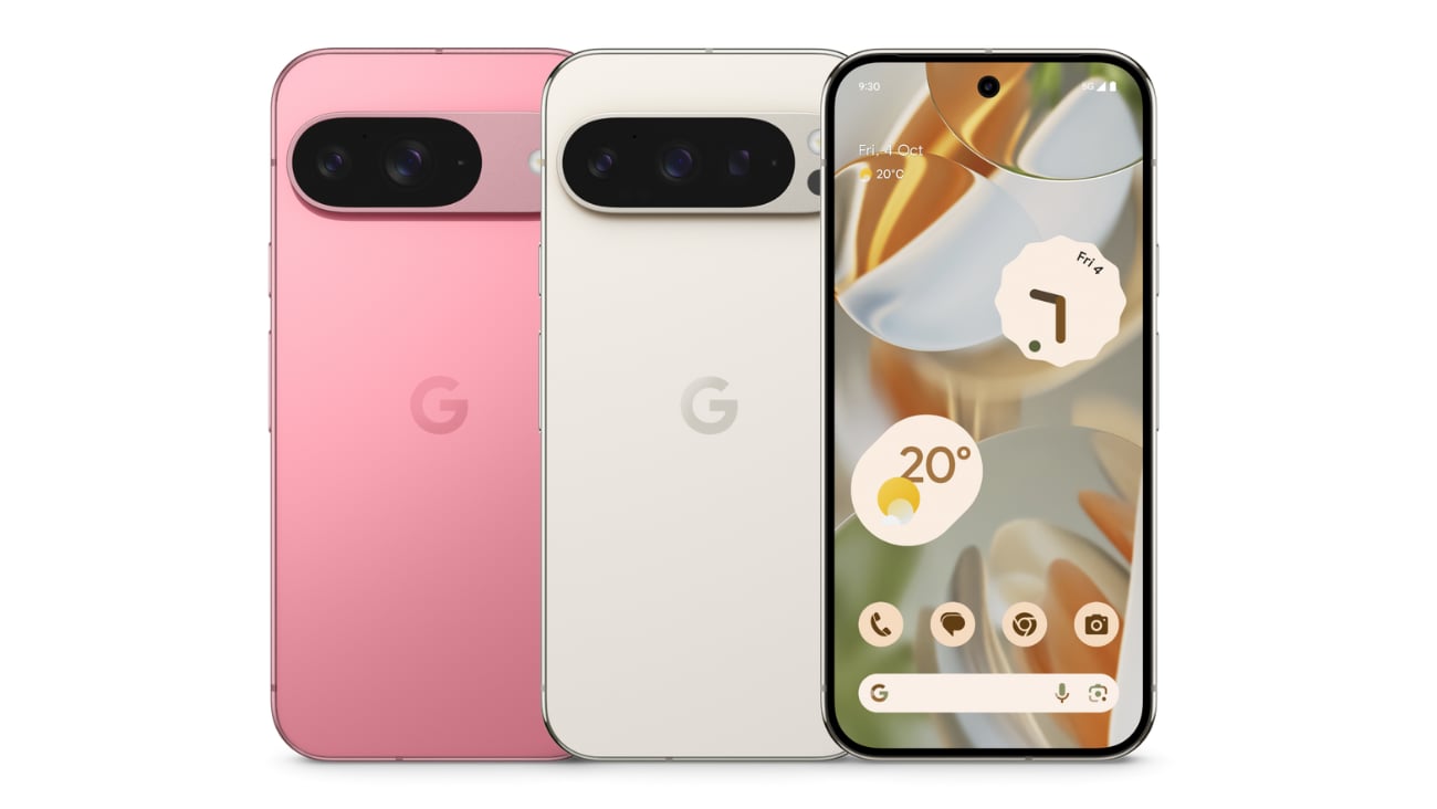 Back of Google Pixel 9 in Peony and back and front of Google Pixel 9 Pro in Porcelain