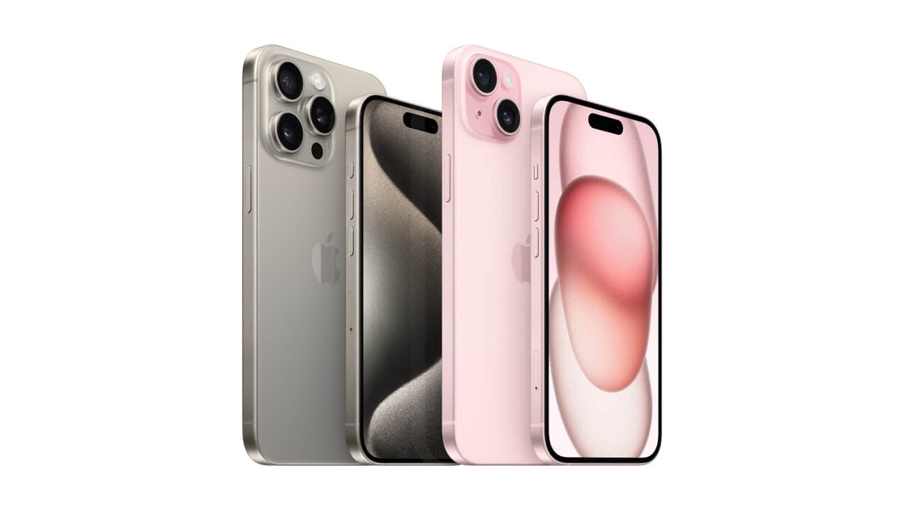The Apple iPhone 15 Series with the iPhone 15 and iPhone 15 Plus in pink and the iPhone 15 Pro and iPhone 15 Pro Max in natural titanium