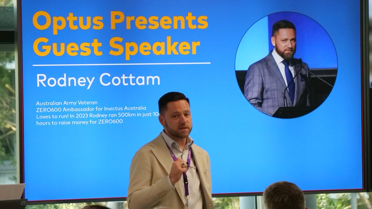 Rodney Cottam speaking at Optus fundraising event