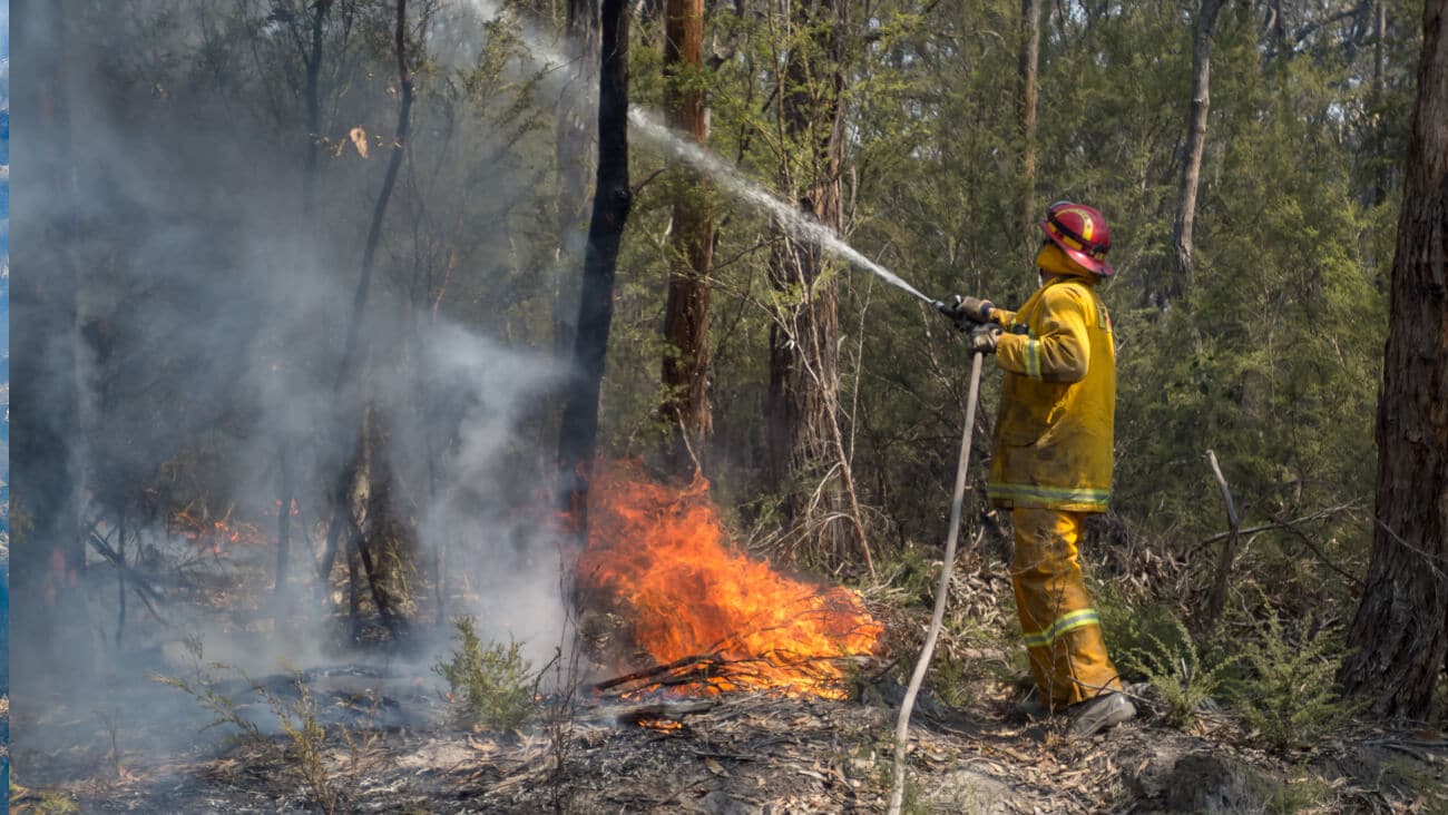 Fireman fighting bushfire with house and helmet.