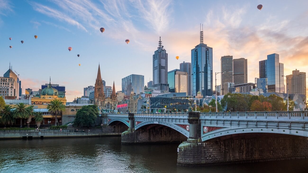 Melbourne city skyline at twilight in Australia