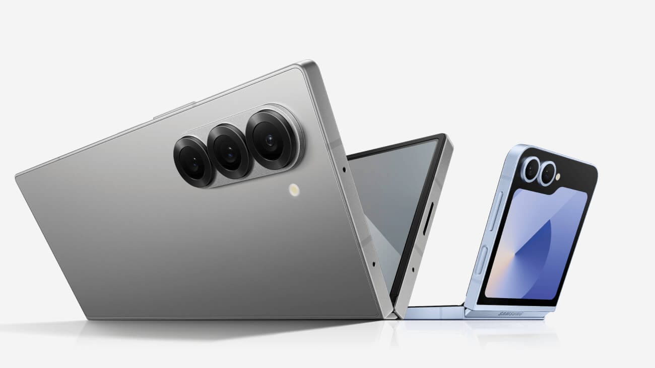 Samsung Galaxy Z Fold6 in Silver Shadow on the left and Samsung Galaxy Z Flip6 in Blue on the right