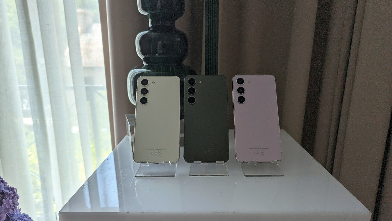 Samsung Galaxy S23 Plus in lavender, cream and botanic green colours from Optus