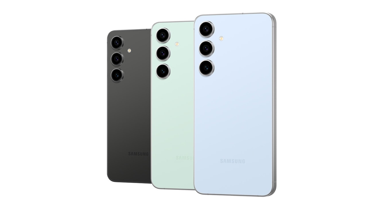 Angled backs of Galaxy S24 FE phones in Graphite, Mint, and Blue