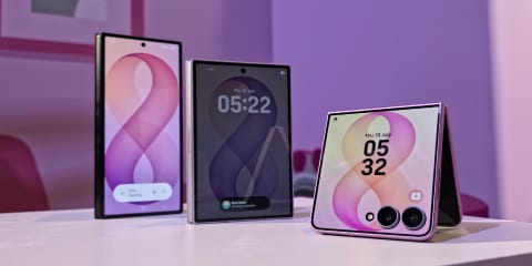 Three Samsung foldable phones all lined up