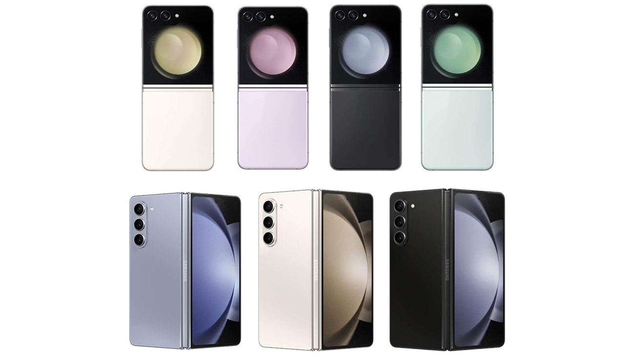 Four Samsung Galaxy Z Flip5 phones in four different colours shown in a row hovering above a line of three Samsung Galaxy Z Fold5 phones in three different colours