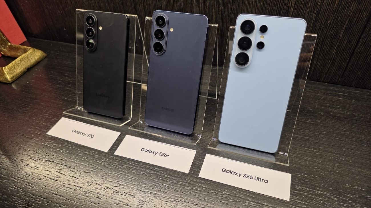 From left to right: A Samsung Galaxy S26, S26+ and S26 Ultra.