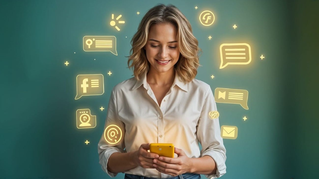 Abstract image of a woman interacting with AI on her phone