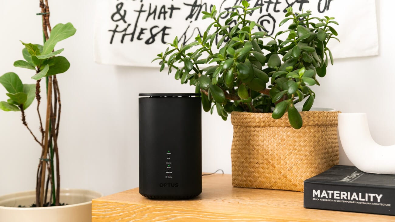 modem on desk surrounded by plants
